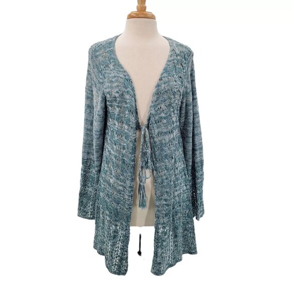UMGEE Blue Long Cardigan Womens Size Small Melange Knit Crochet Bell Sleeve - Picture 1 of 3